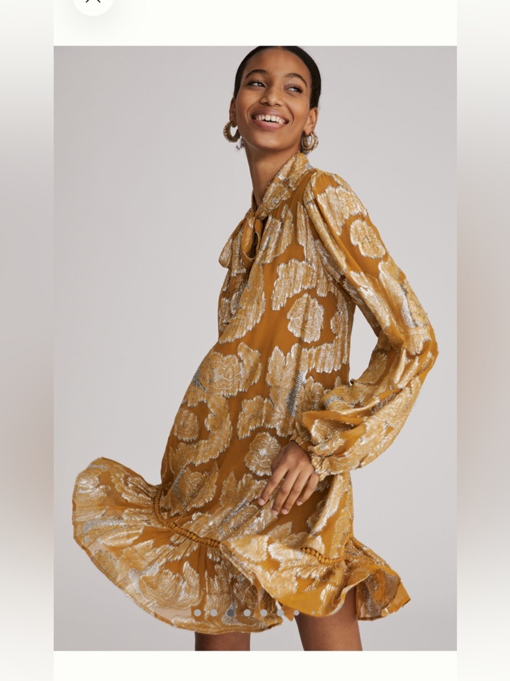 NWOT Maeve/Anthropologie Metallic Mustard Floral Tie-Neck Mini Dress